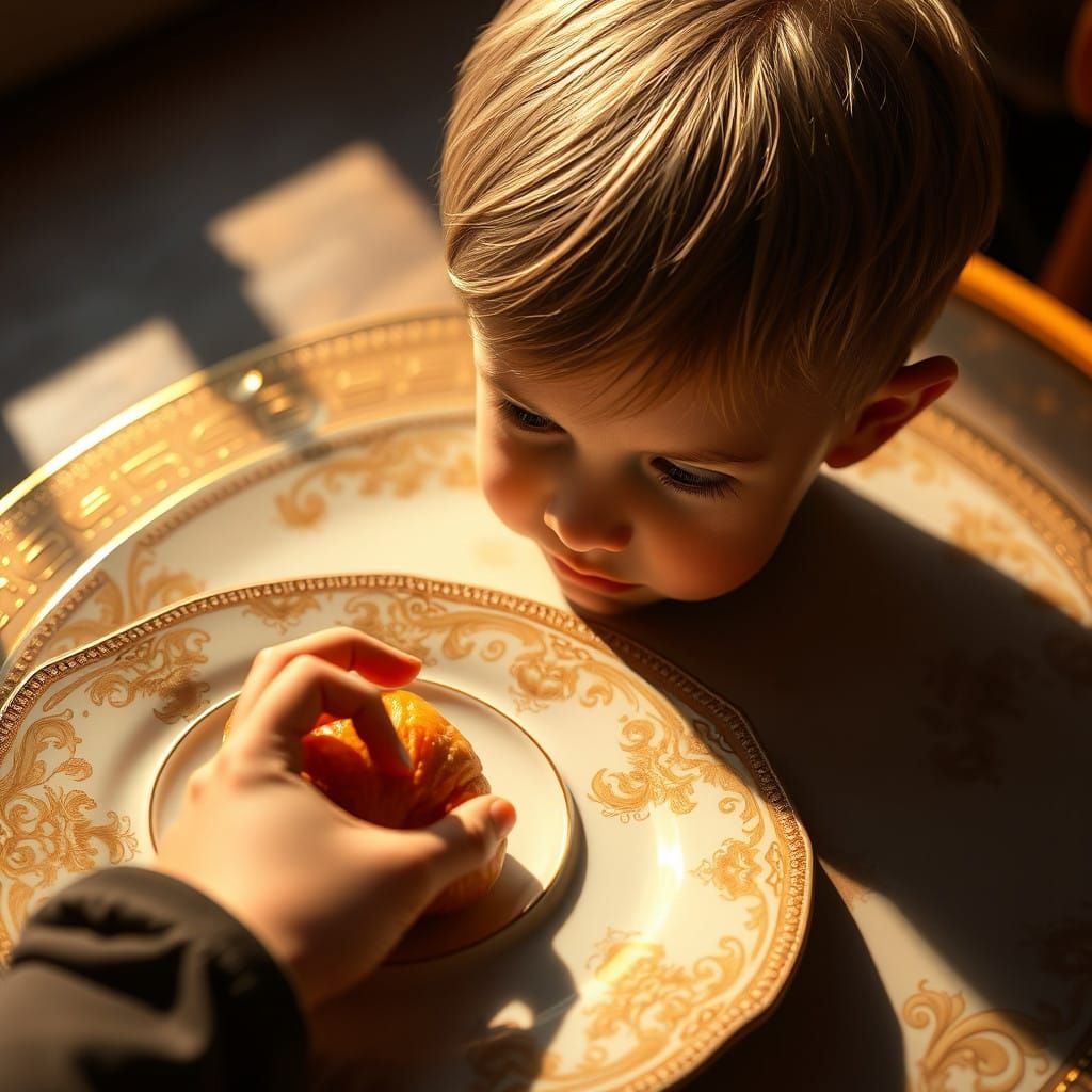 Golden Croissant and a Boy in a Hyperreal Scene