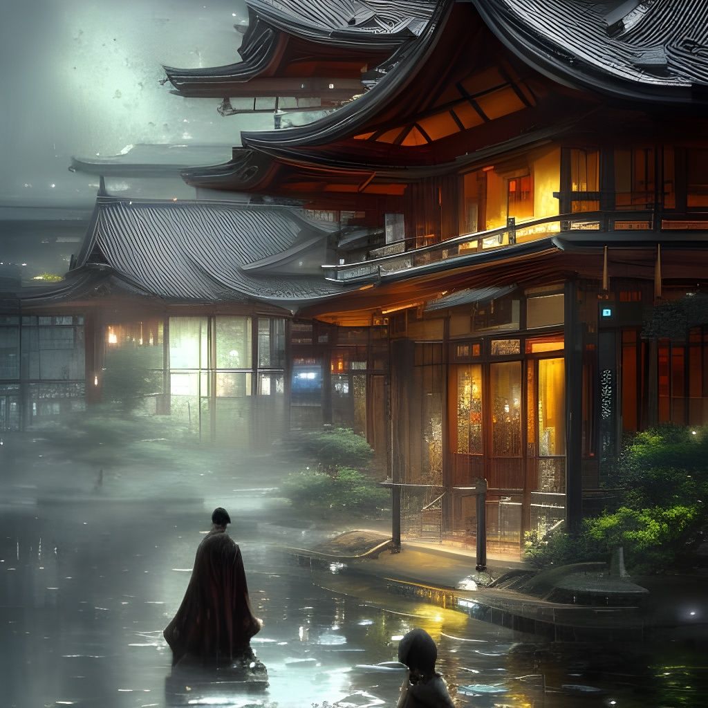 Rainy Japanese Temple: Anime Art Style