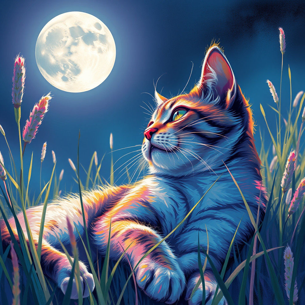 Iridescent Cat Gazing at Moon in Street Art Style