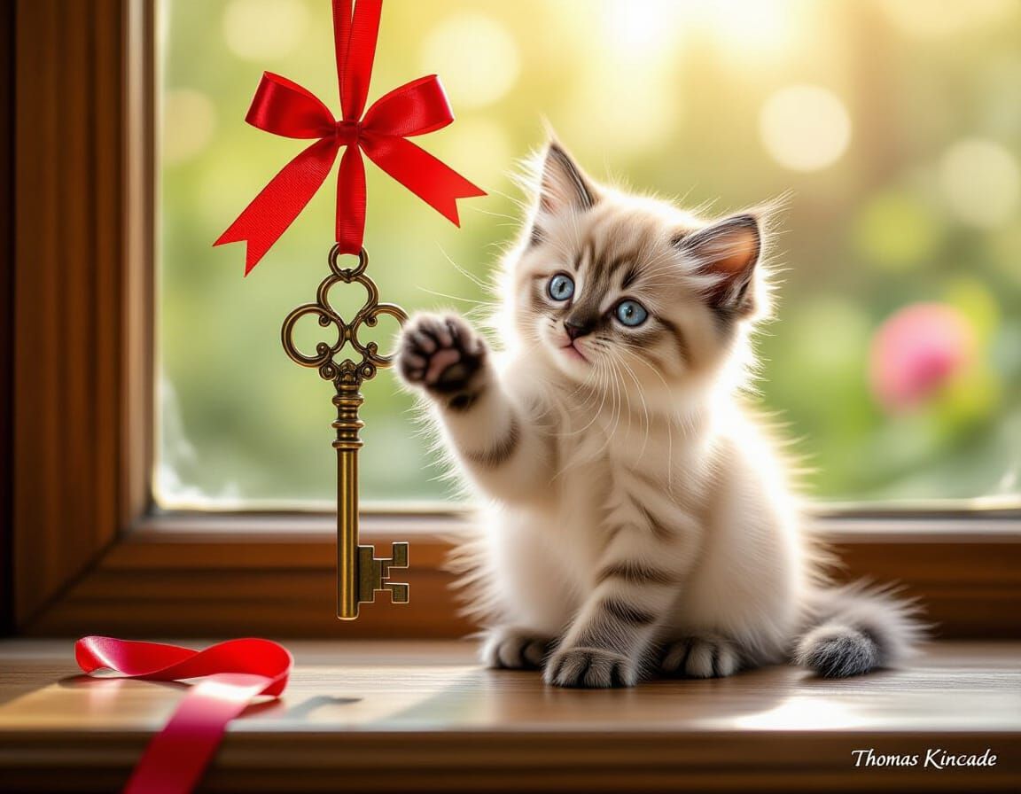 Fluffy Kitten Plays with Antique Key on Windowsill