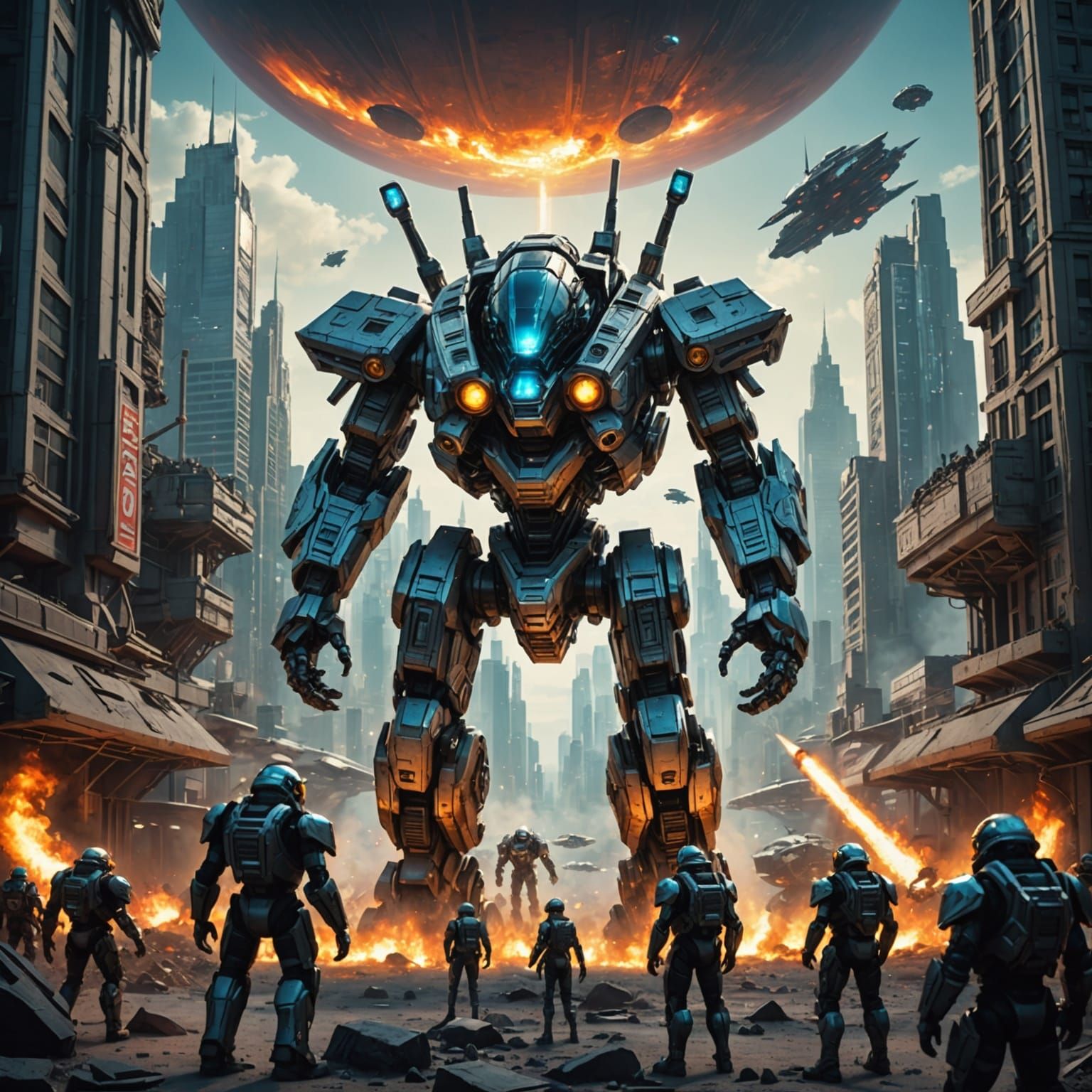 Mech warriors on an alien planet descend upon the Op-Art cit...