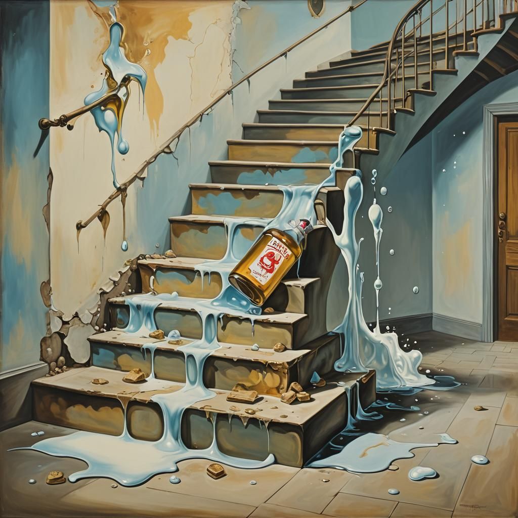 Surreal Soap Bottle Descent: A Dali-esque Oil Painting