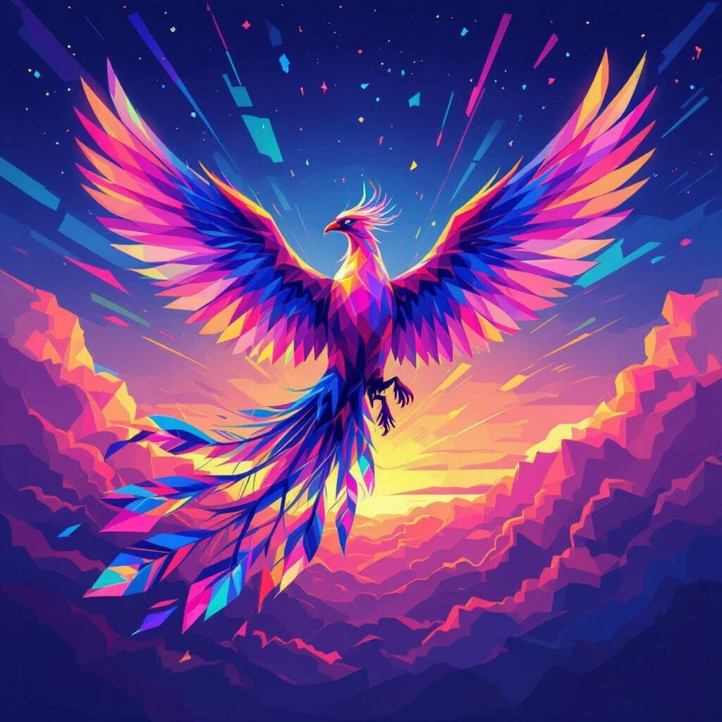 Geometric Phoenix Soaring Through Neon Sky in WPAP Style