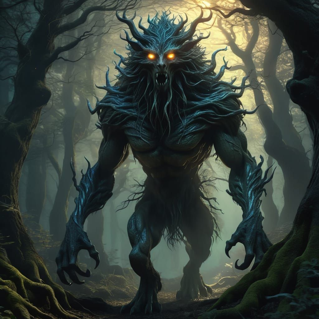 Mythical Creature in Dark Forest Digital Painting