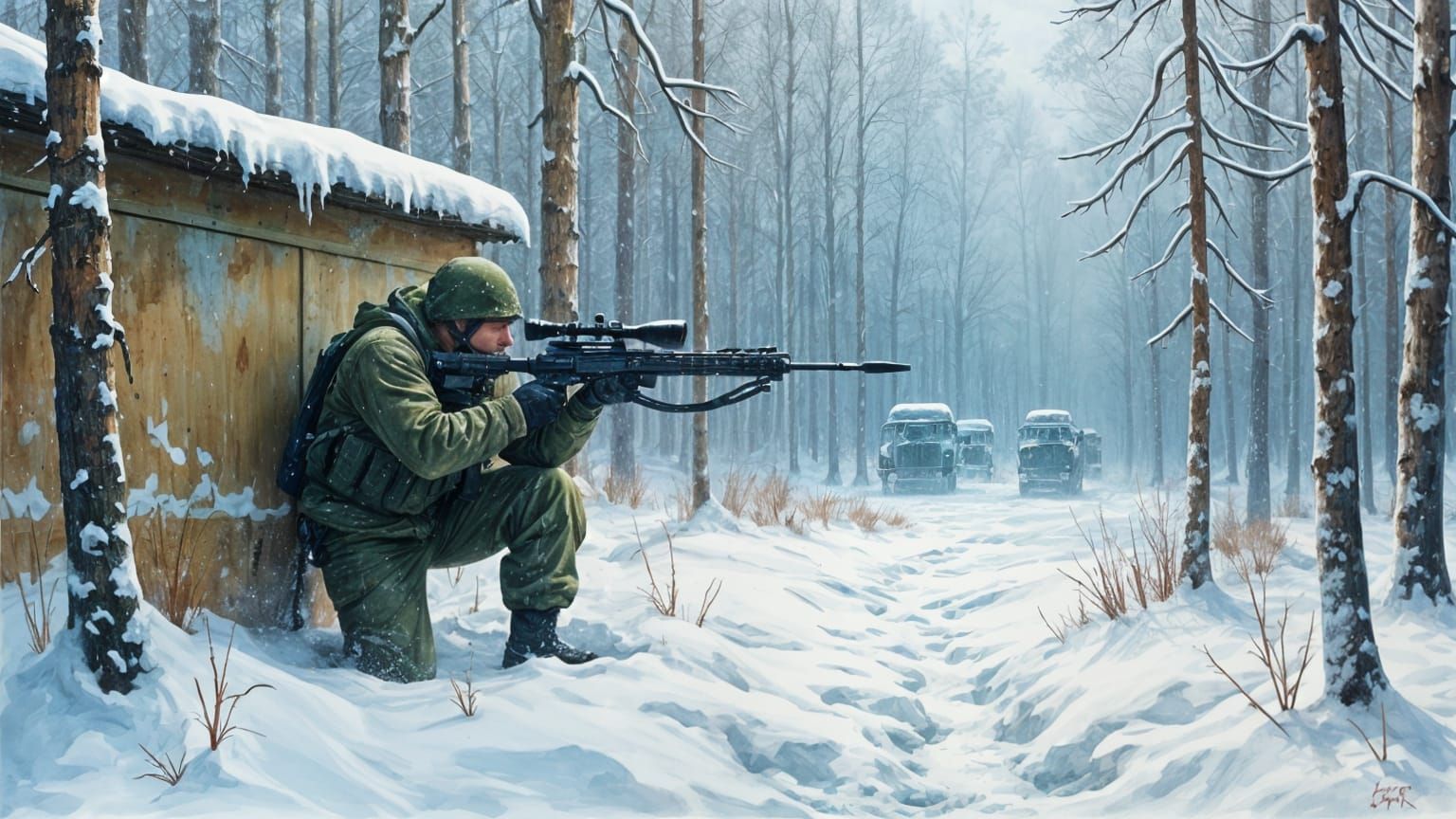 Warrior in Snowy Forest Military Base