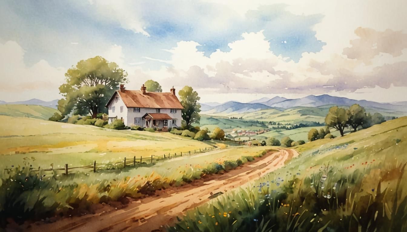 Idyllic Watercolor Landscape with Country Houses