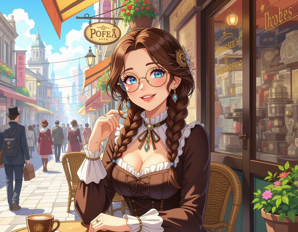 Steampunk Woman Enjoying Coffee, 2D Watercolor Illustration