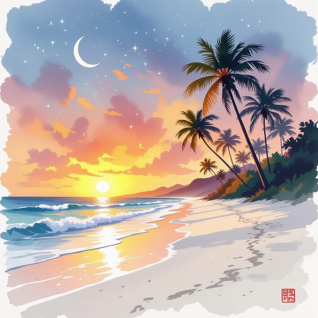 Deserted Sunset Beach in Watercolor and Ink Wash Style