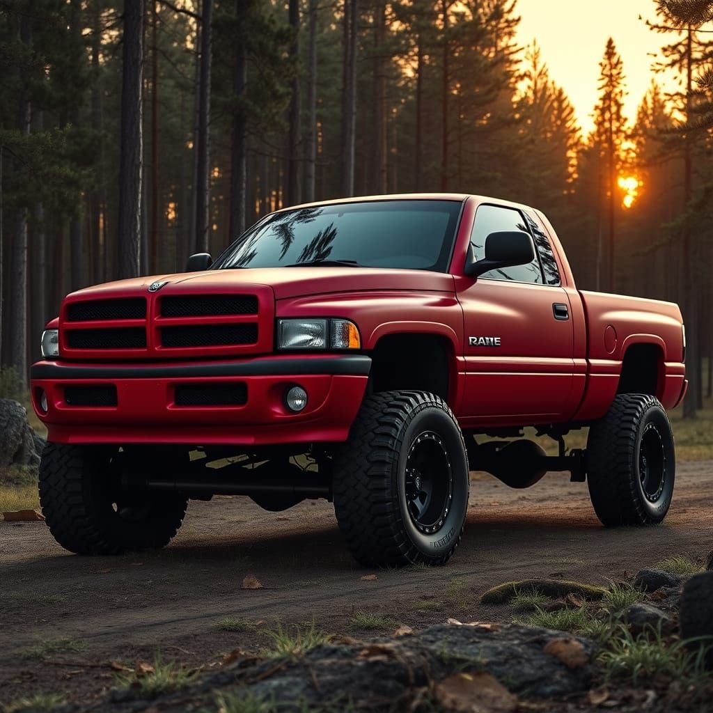 Matte Red Dodge Ram in Forest at Sunset