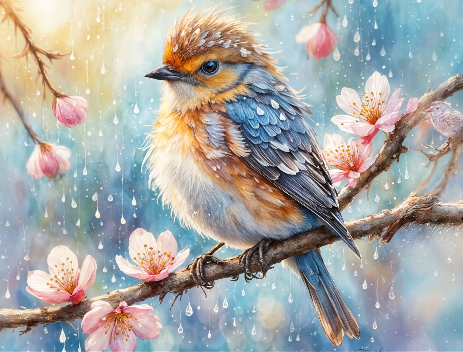 Tiny Bird on Blossom Branch in Watercolour Style