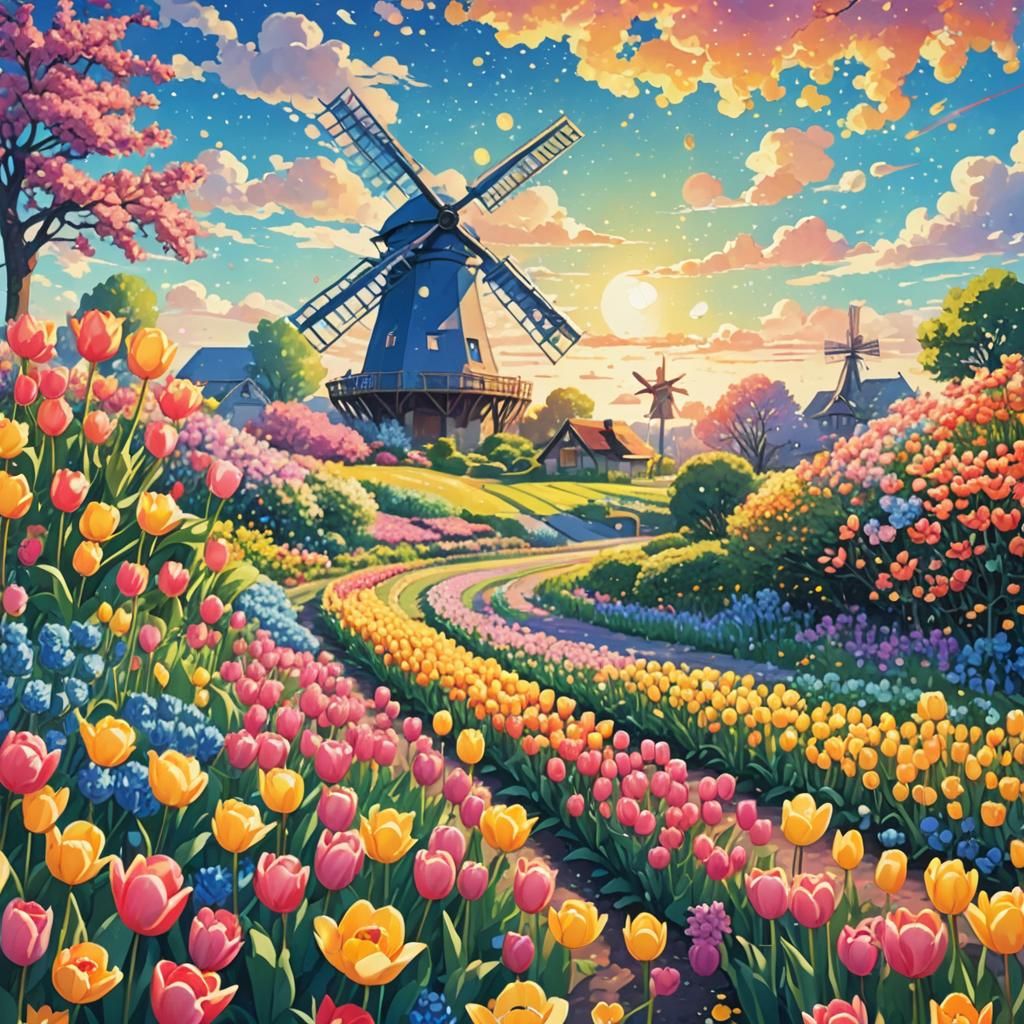 Tulip Garden and Windmill in Anime Pointillism