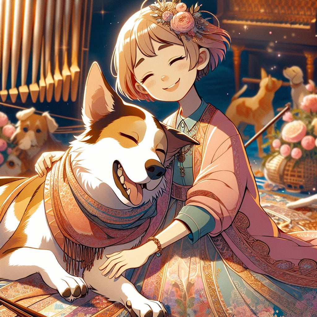 Girl Asleep on Dog, Anime-Inspired Digital Art