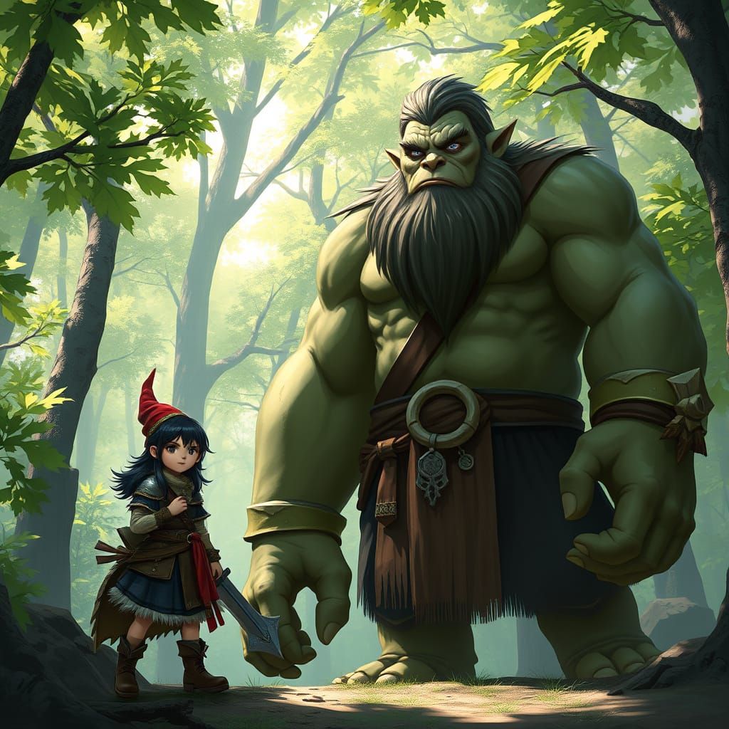 Gnome Warrior and Ogre in Fantasy Forest