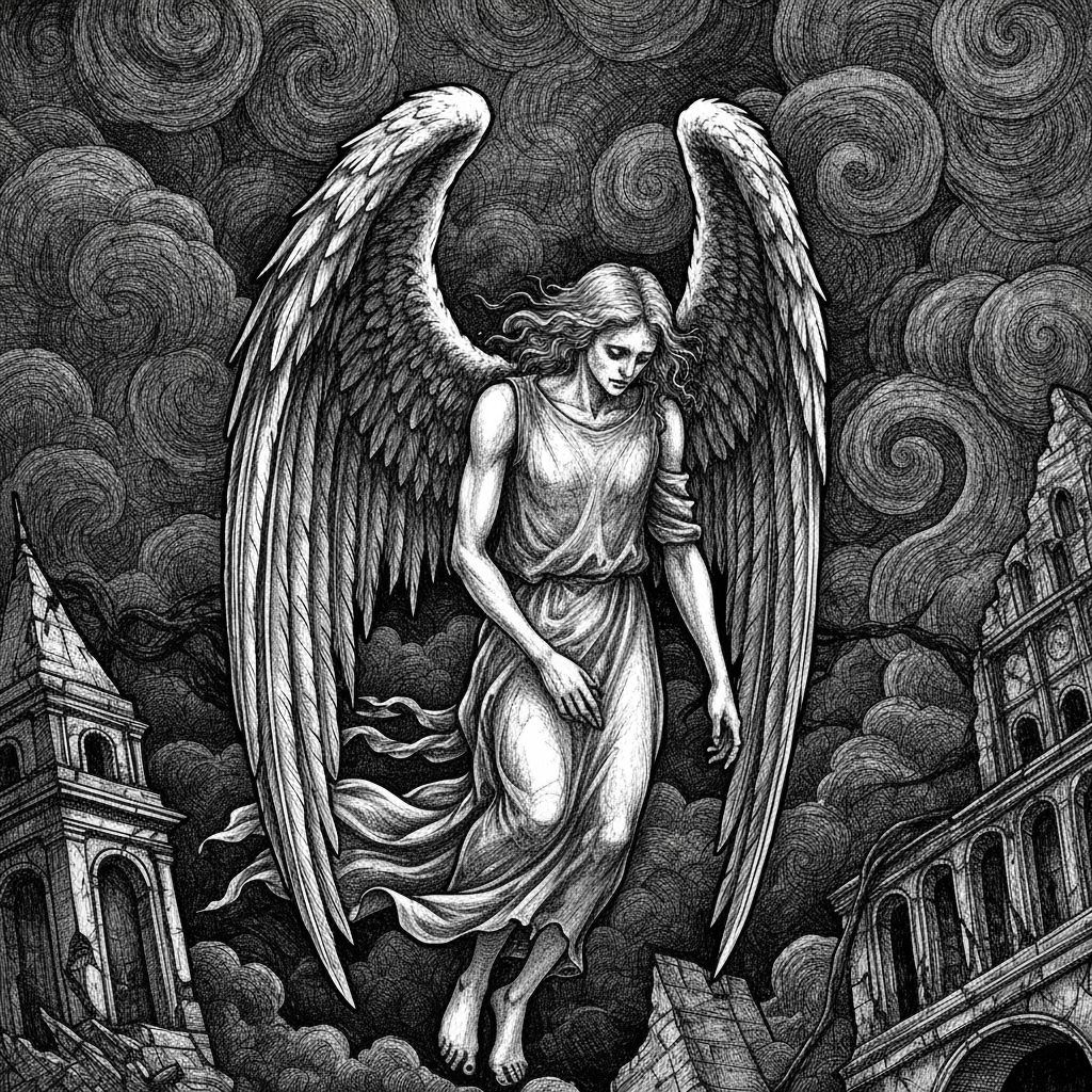 Gothic Fallen Angel Ink Drawing with Tattered Wings