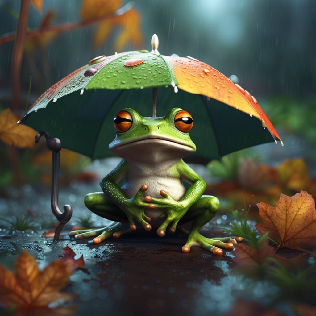 Cute Frog Sheltering Under Mushroom: Fantasy Art
