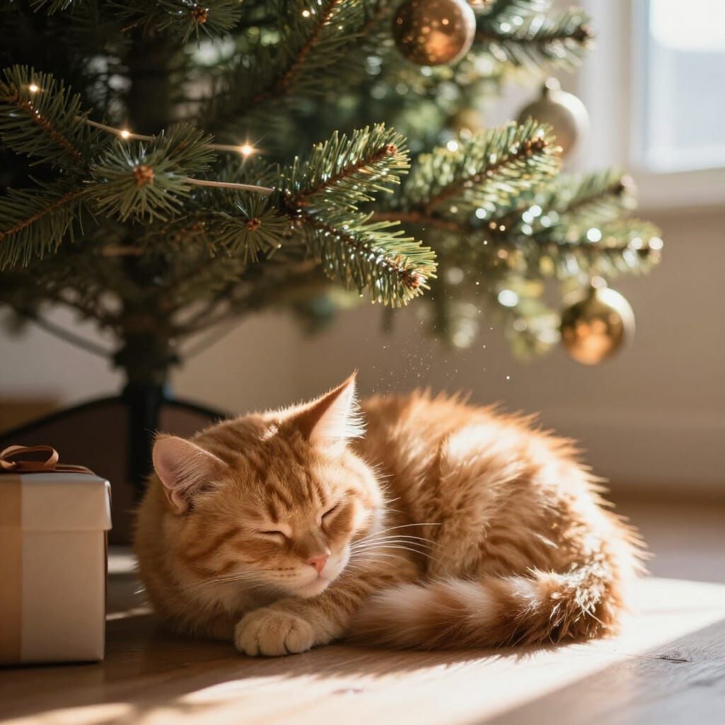 Cozy Kitten Sleeping Under Christmas Tree in Sunlight