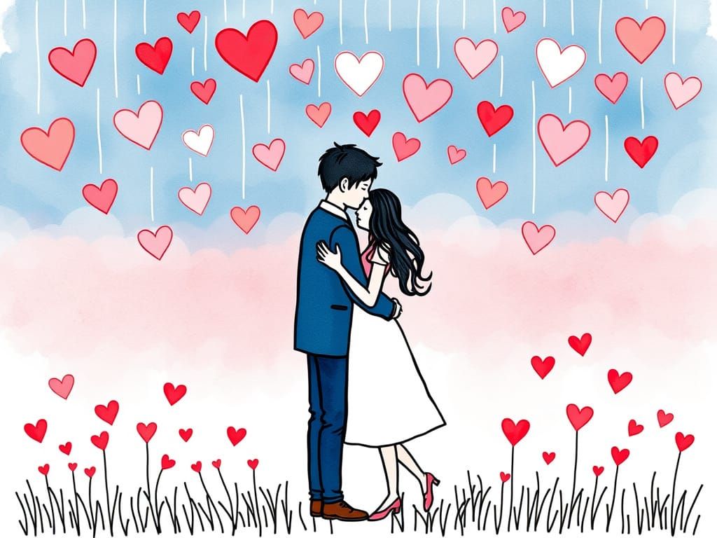 Whimsical Watercolor Hearts Fall Gently on a Loving Couple