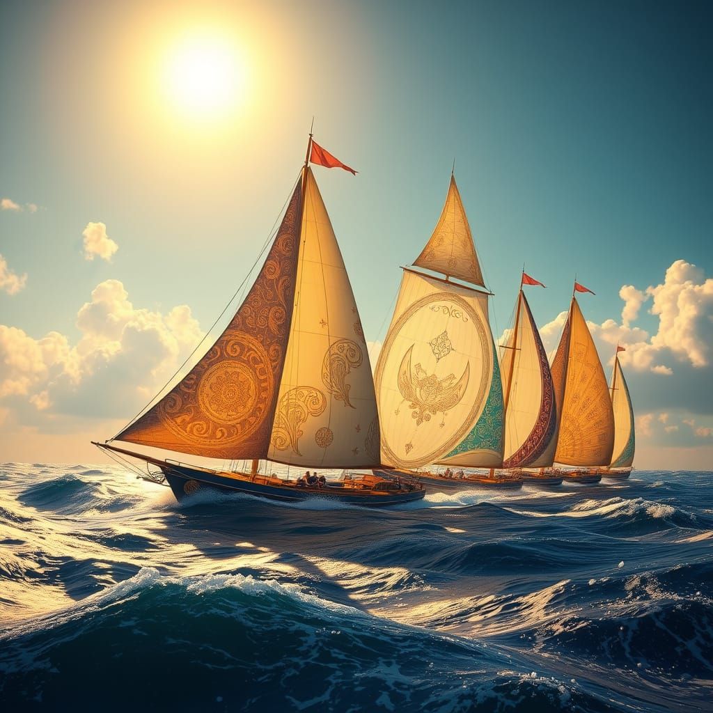 Regatta on a Vibrant Ocean in Whimsical Fantasy Style