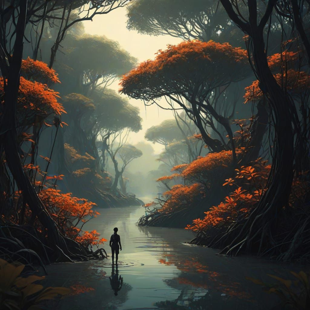 Vibrant Mangrove Odyssey in Cyberpunk Graphic Novel Style