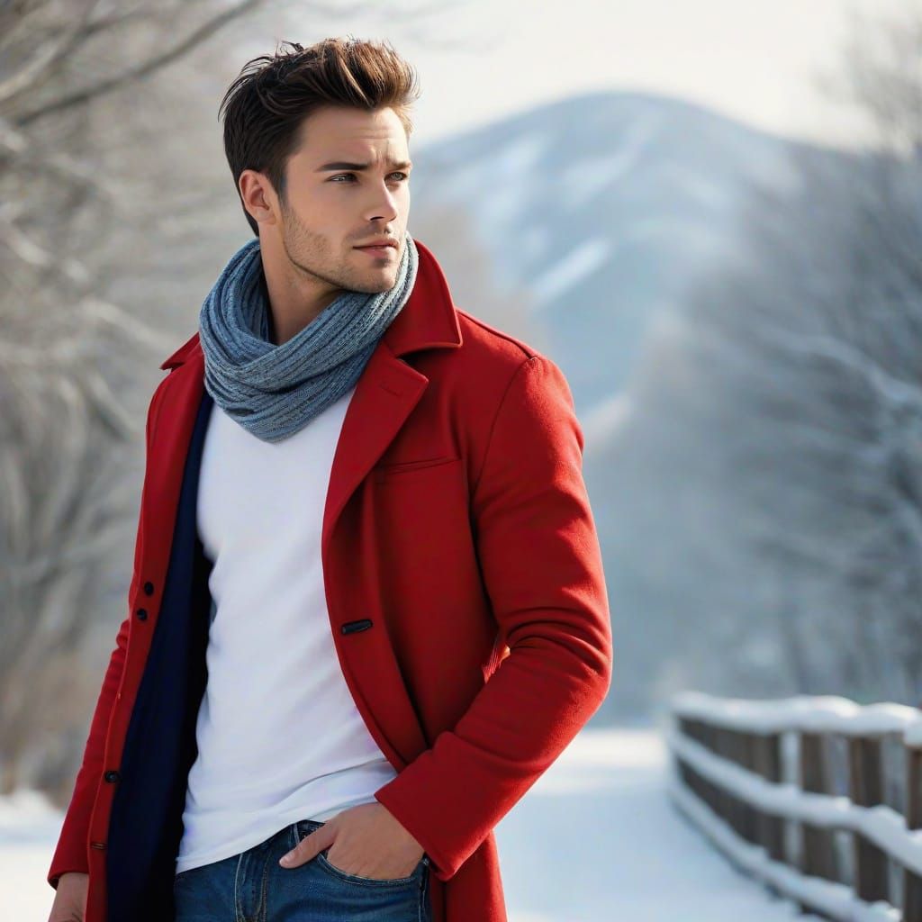 Man with Red Coat in Winter Scene