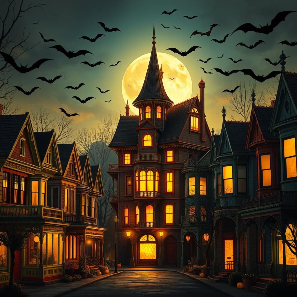 Halloween Street with Haunted House in Dark Fantasy Style