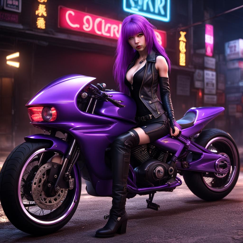 Sukeban with Motorcycle Under Neon Lights