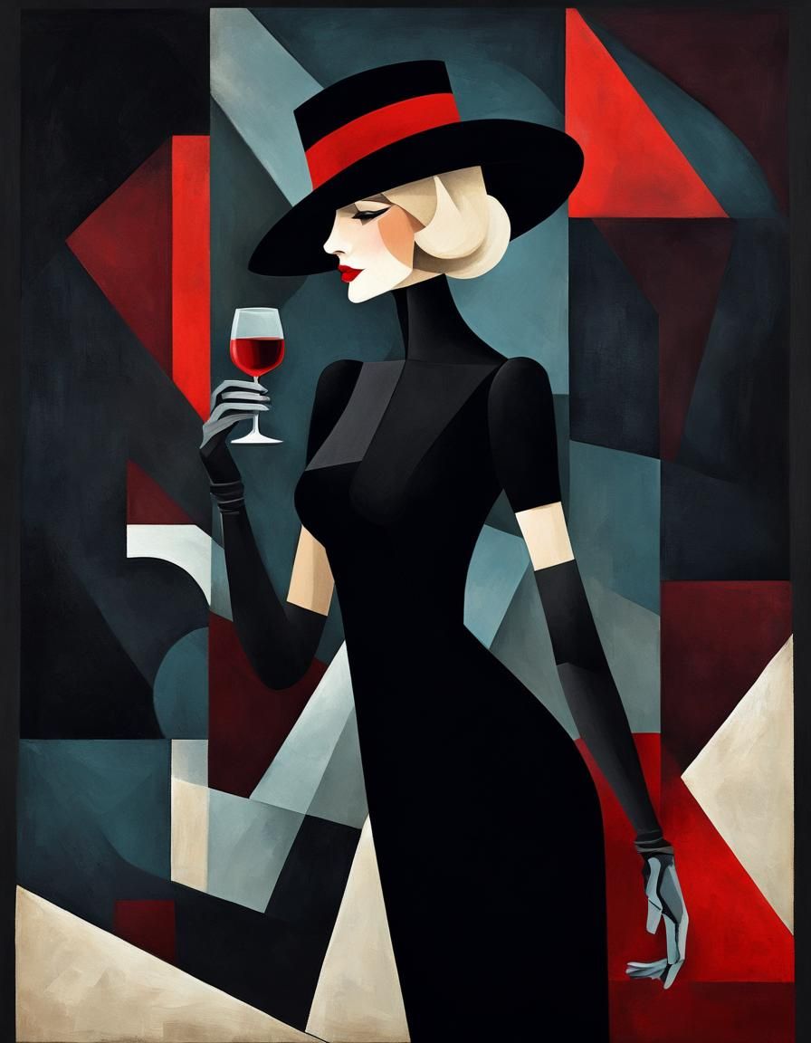 Woman with Wine Glass in Cubist Art Deco Style