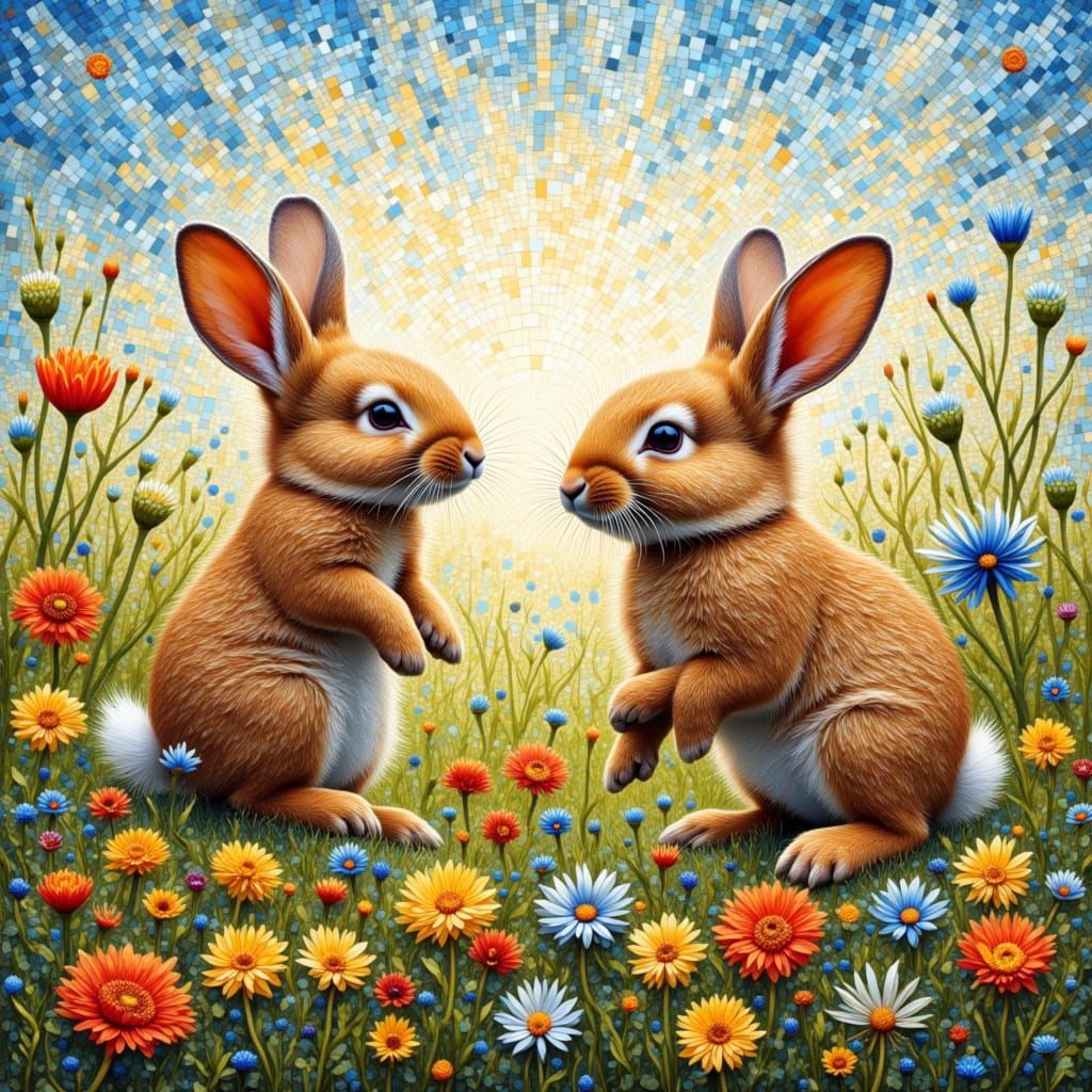 Mosaic of Rabbits Playing in Flower Field