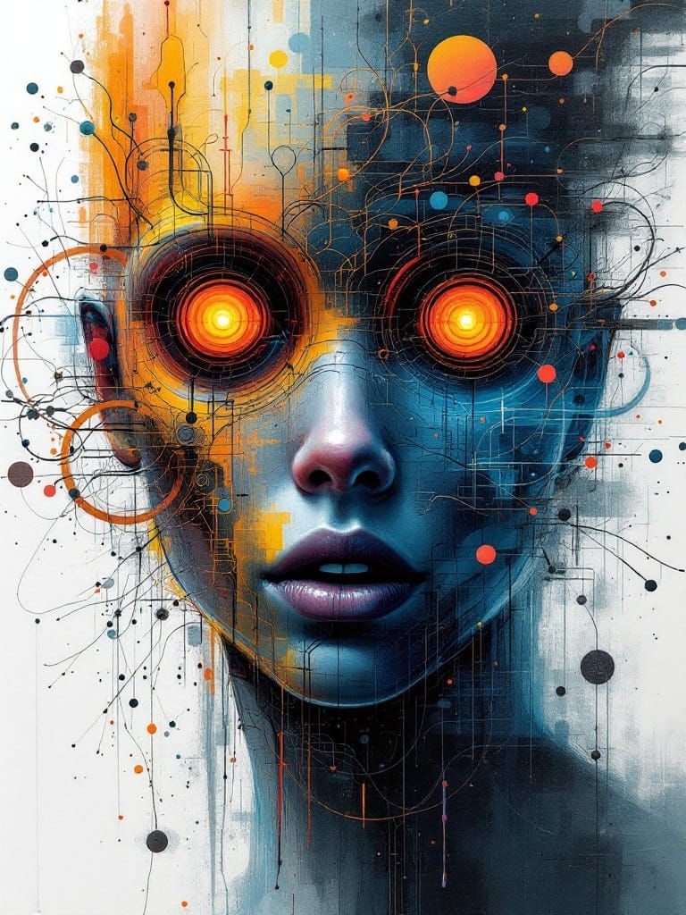 Abstract Cyborg Face with Synapses Firing