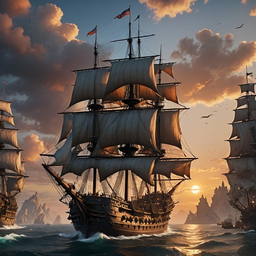 Flying Dutchman Sailing Ship at Sunset: Detailed Digital Pai...
