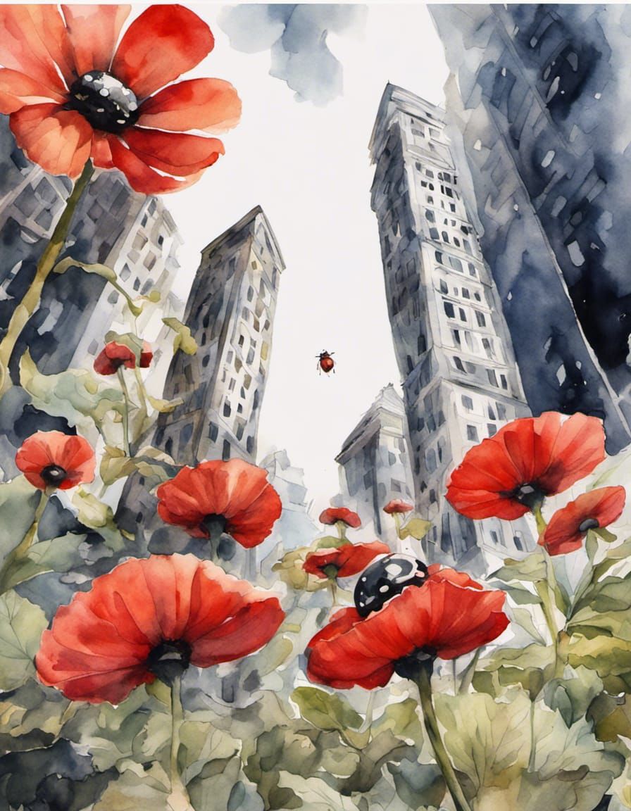 Ladybug View of Giant Flowers in Watercolor