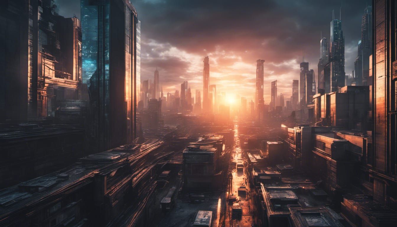 Sunrise Over Hyperrealistic Cyberpunk Cityscape