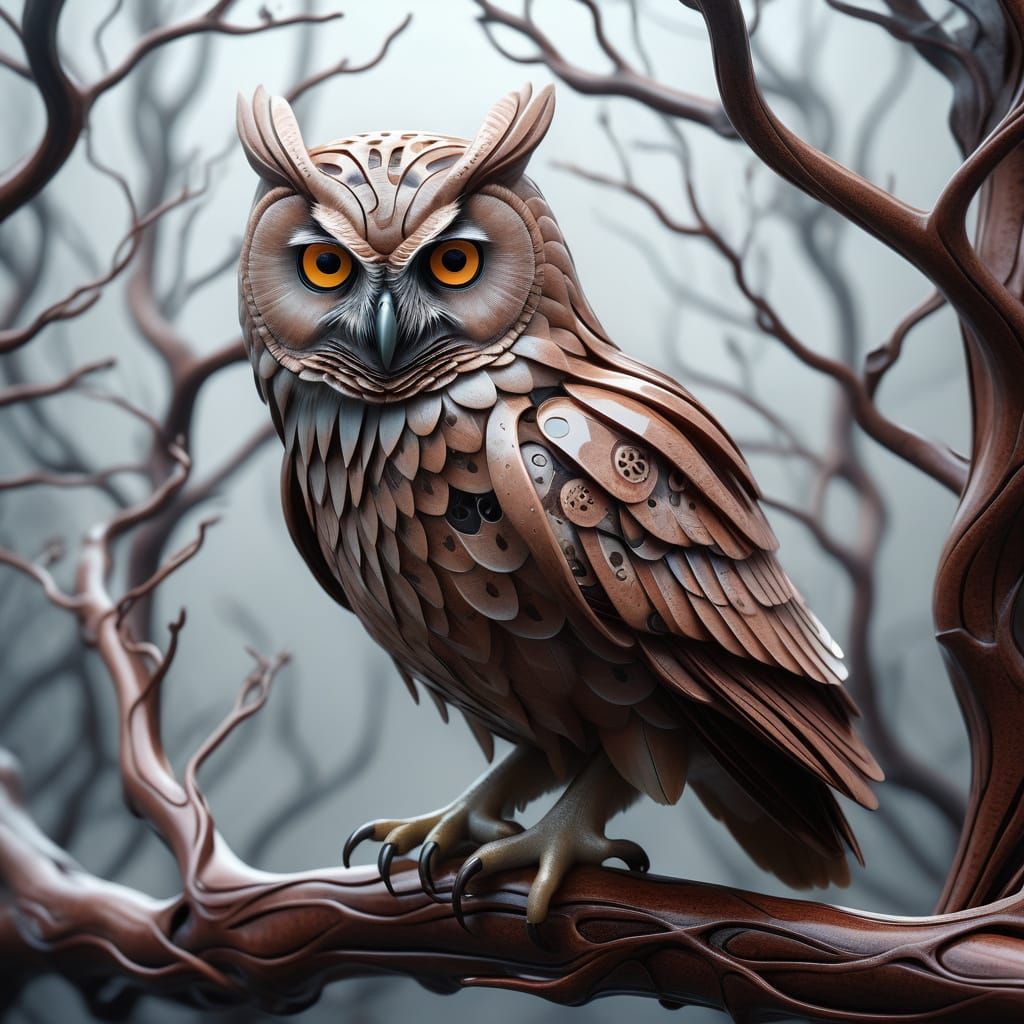 Rhodochrosite Owl Rooted in Biomorphic Art