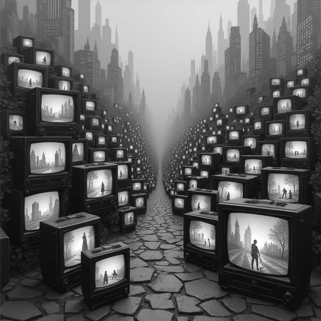 Black and White Cityscape Composed of Vintage TVs