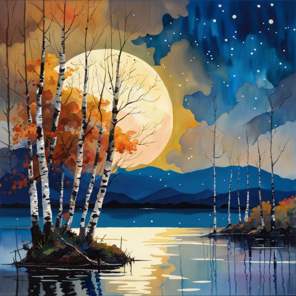 Moonlit Lake Under Starry Sky in Watercolor Style