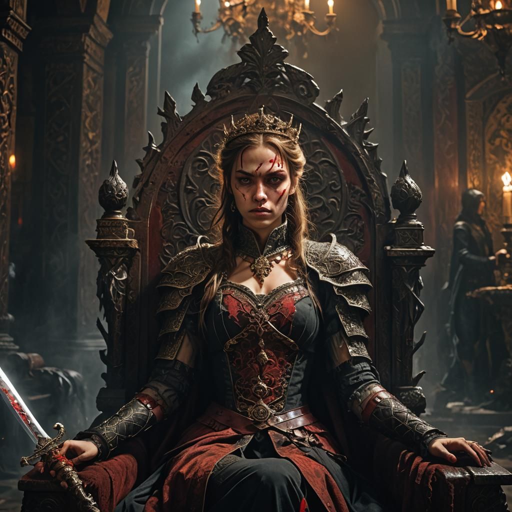 Ambitious Princess with Bloodied Dagger in Dark Throne Room