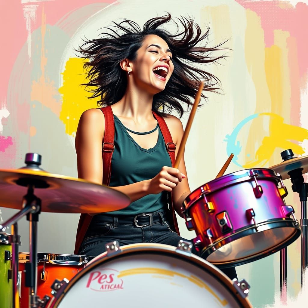Energetic Drummer Girl: Abstract Colorful Portrait