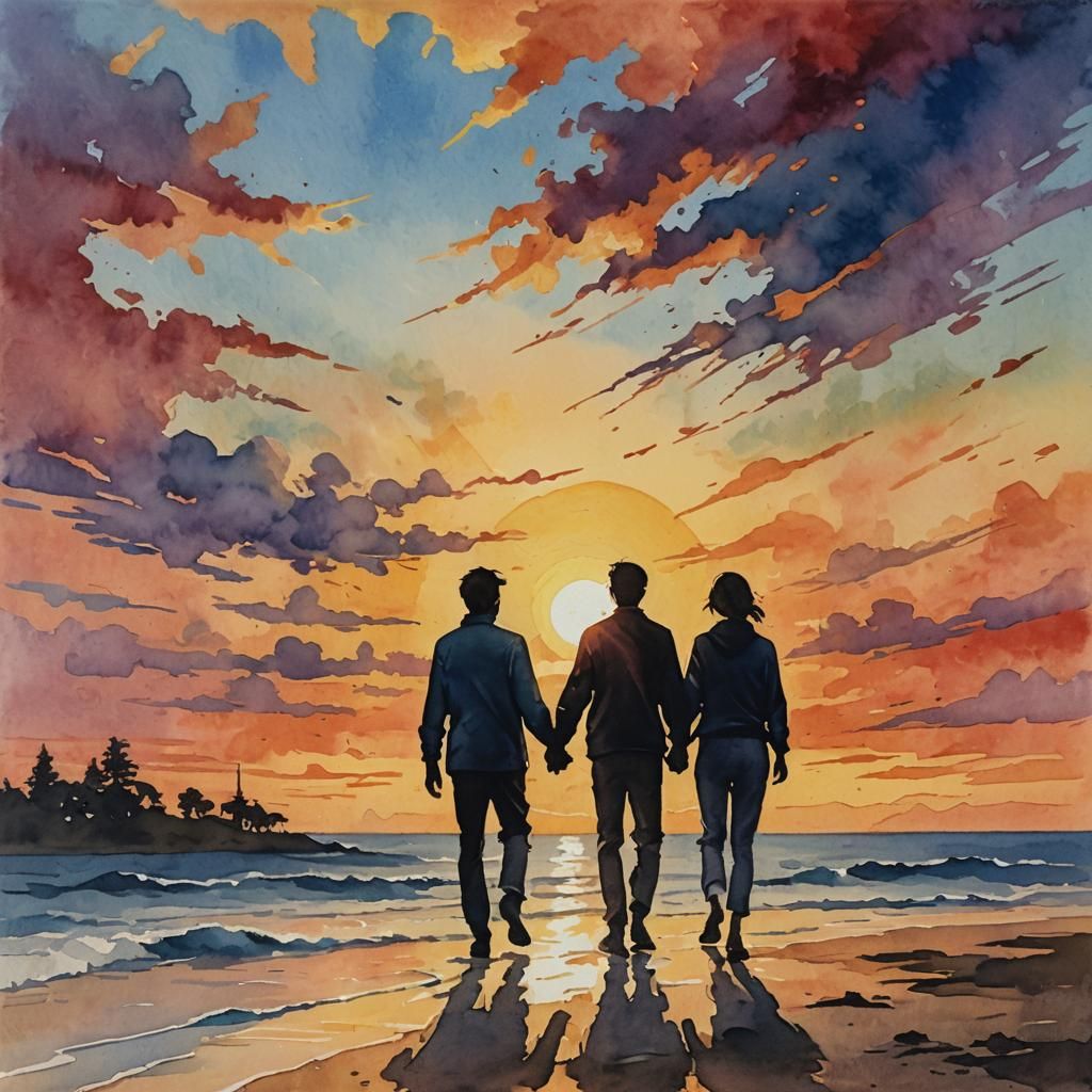 Silhouetted Figures Walking Into Sunset in Gouache Style