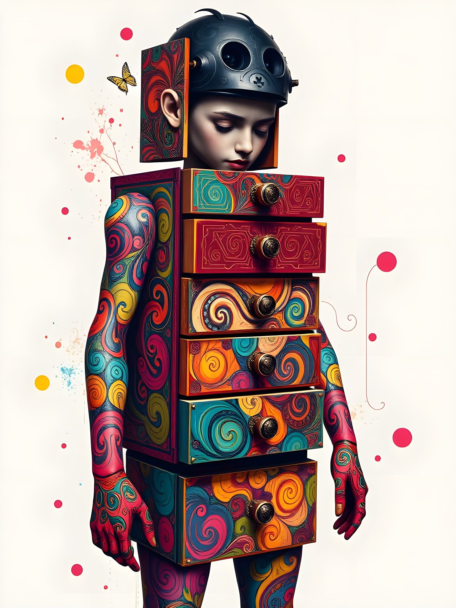 Thoughtful Figure Made from Decorative Drawers in Abstract A...