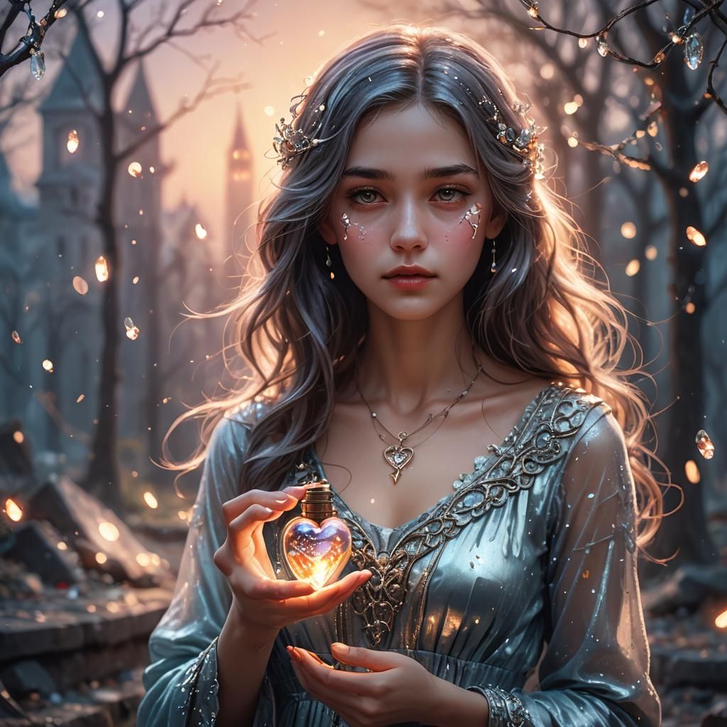 Sorrowful Woman Holds Vial of Light