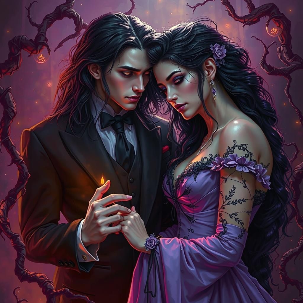 Gothic Couple in Mystical Forest, Chiaroscuro Art