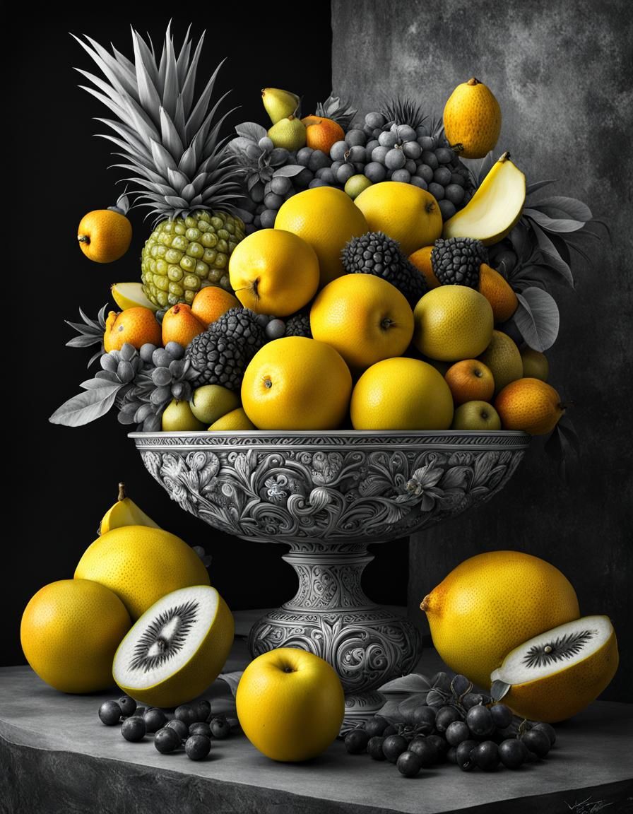 Surreal Fruit Bowl in Cubist Mixed Media Style