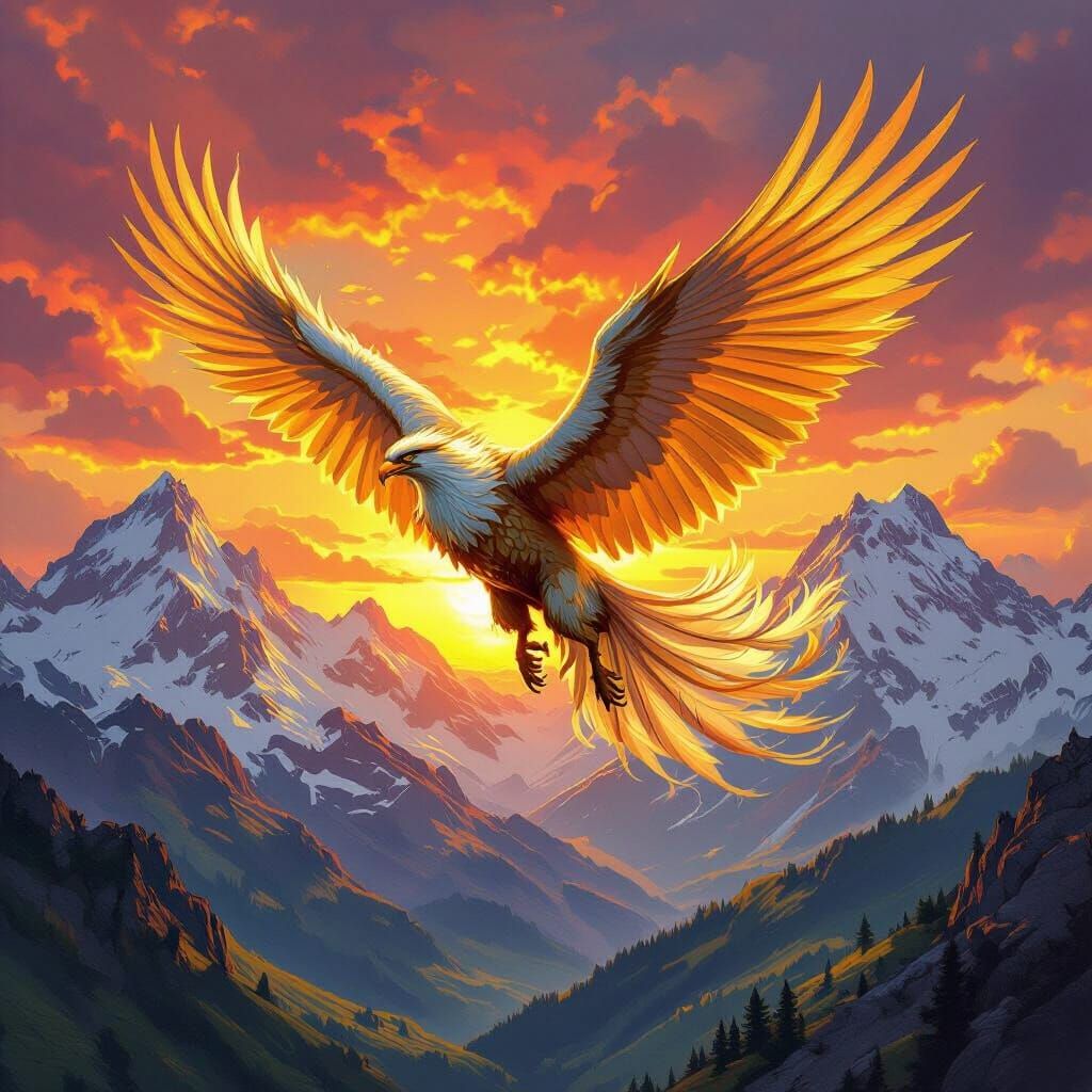 Griffin Soaring Through Sunset Sky in Fantasy Style