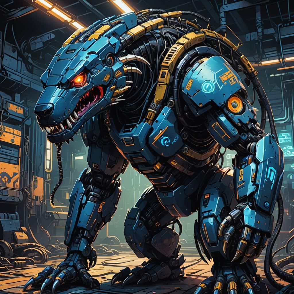 Cyberpunk Honey-Badger Mech Eats Snake: Manga Illustration