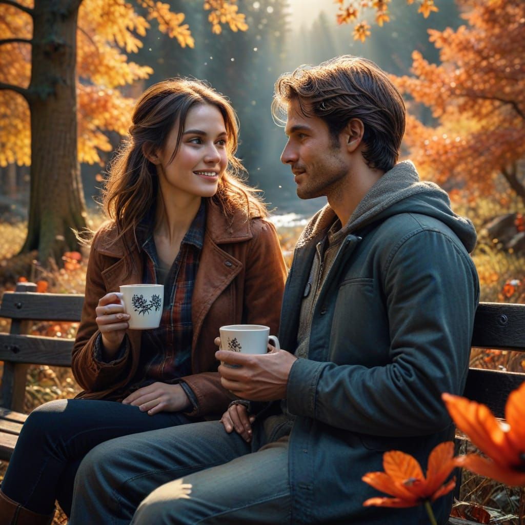 Autumn Couple Night Date in Watercolor Style