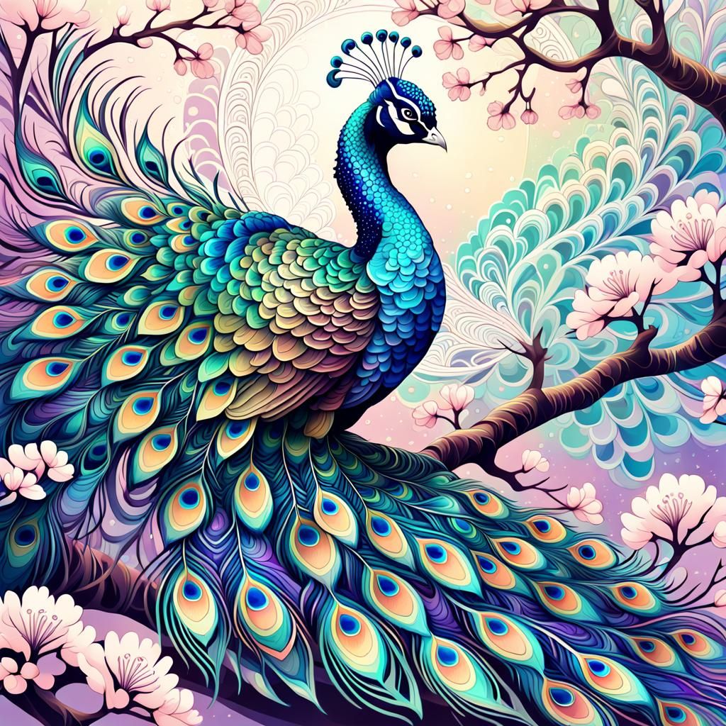 Surreal Peacock Perches on Sakura Tree in Whimsical, Fractal...