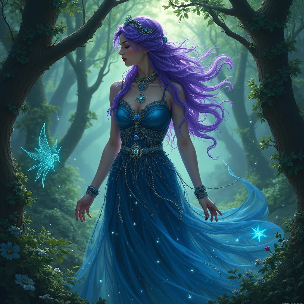 Mystical Sorceress in Bioluminescent Grove, Art Nouveau Styl...