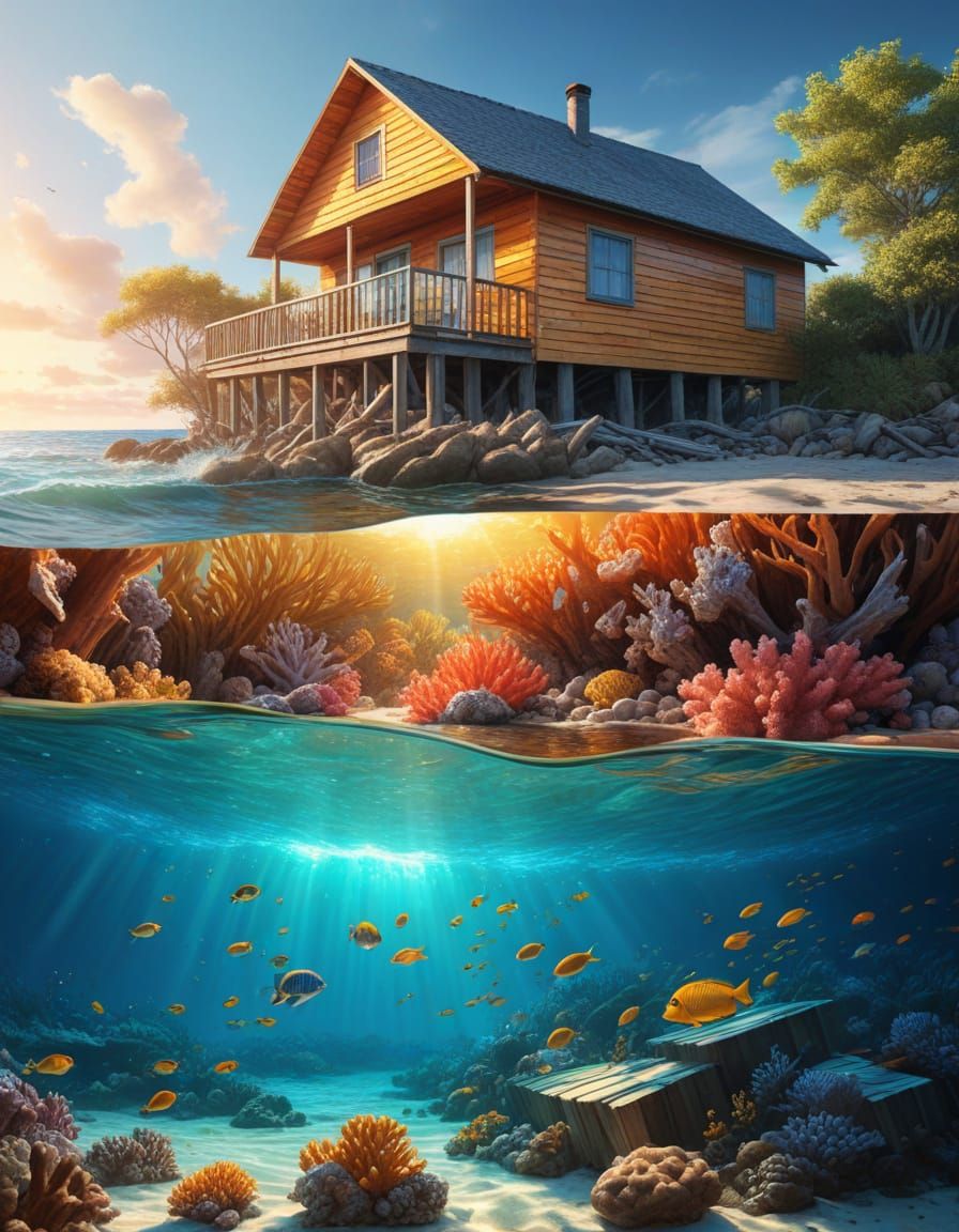 Stilt House Island: Vibrant Oil Painting in HDR