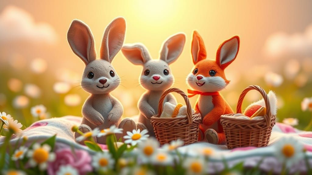 Felt Animals Picnic in Sunny Meadow, 3D Digital Art