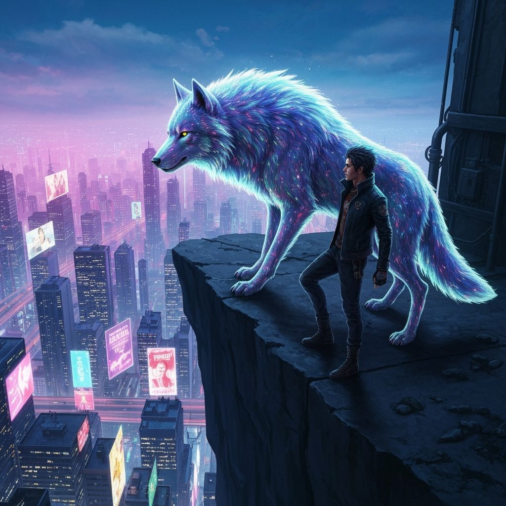 Ozzy and Iridescent Wolf in Cyberpunk Cityscape